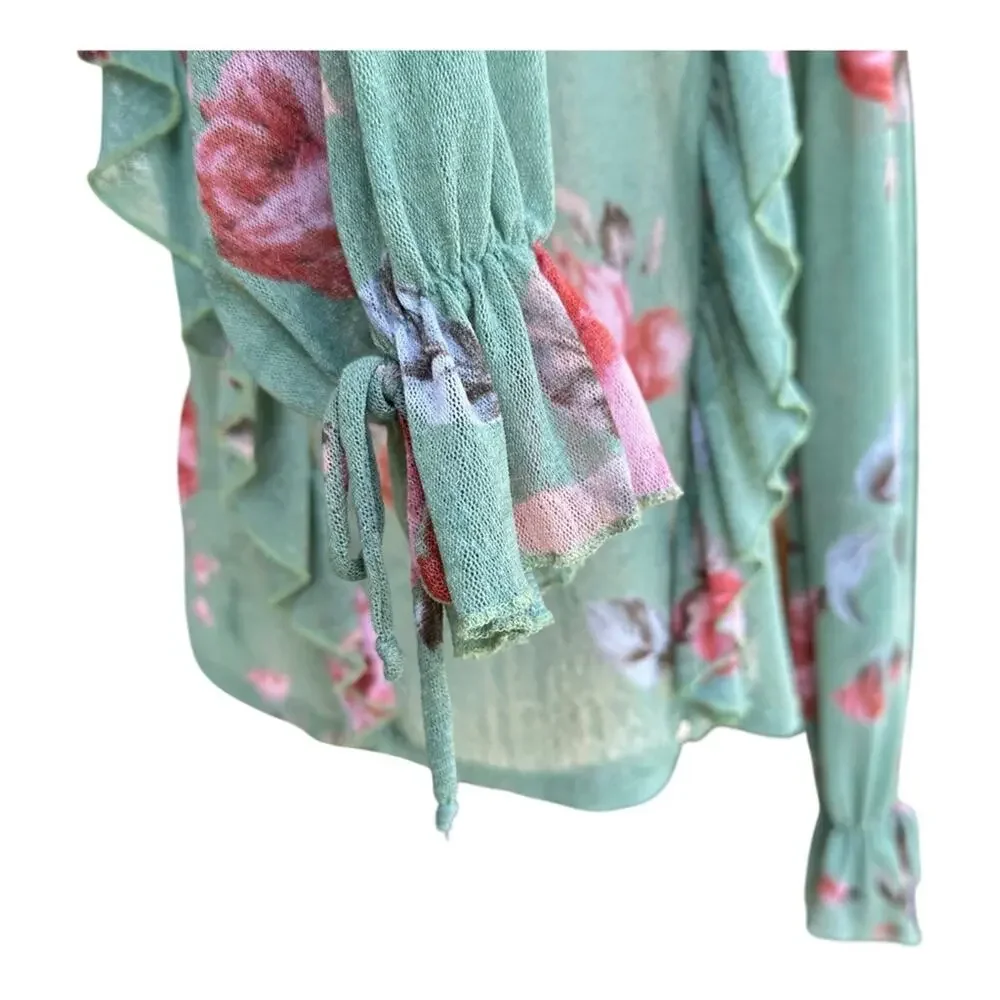 Know.One.Cares Green Top Floral Ruffle Long Sleeve Semi Sheer Shirt Couquette  S - Picture 7 of 13